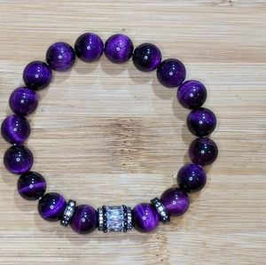 Unisex New Purple Tiger's Eye Baguette Pave Agate Bracelet 10mm